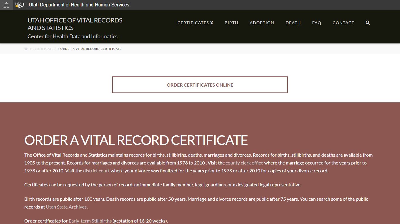 Order a vital record certificate - Utah